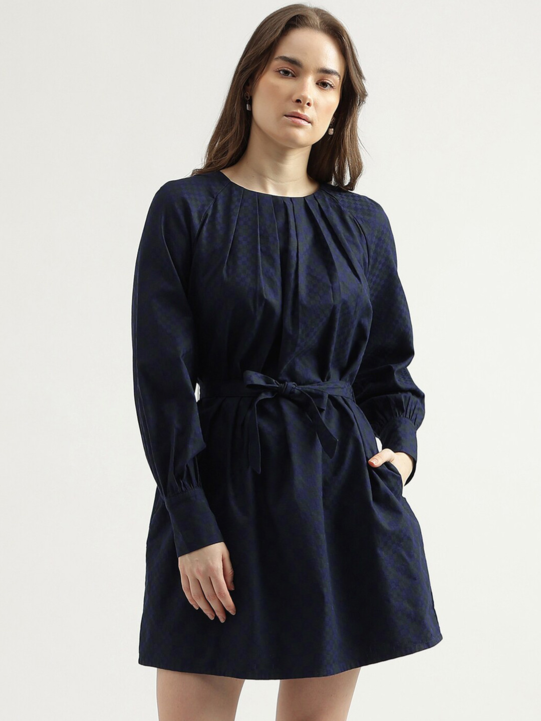 

United Colors of Benetton Checked Cuffed Sleeves Belted Cotton A-Line Mini Dress, Navy blue