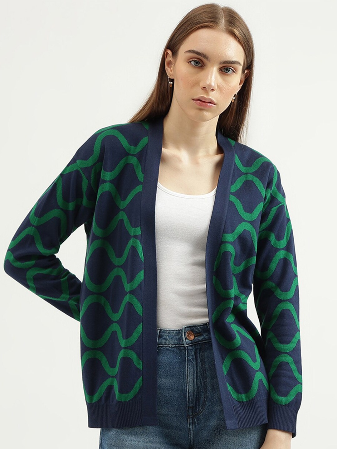 

United Colors of Benetton Geometric Self Design Cotton Front Open, Navy blue