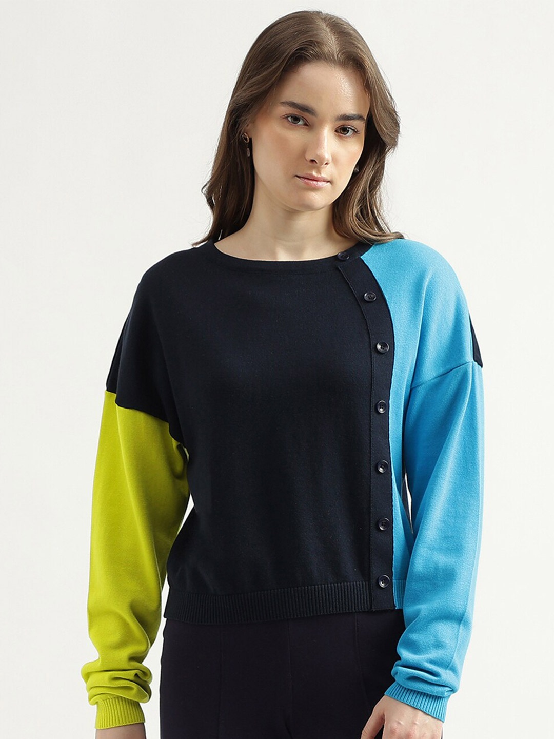 

United Colors of Benetton Colourblocked Cotton Pullover, Navy blue