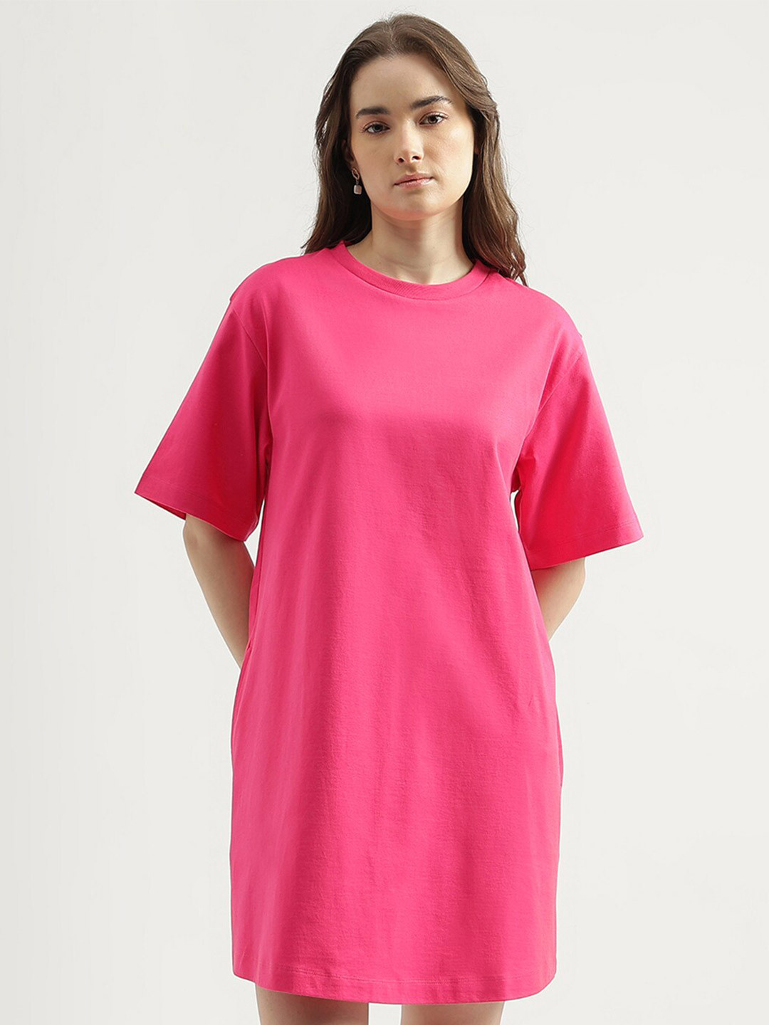

United Colors of Benetton Round Neck Cotton T-Shirt Dress, Fuchsia