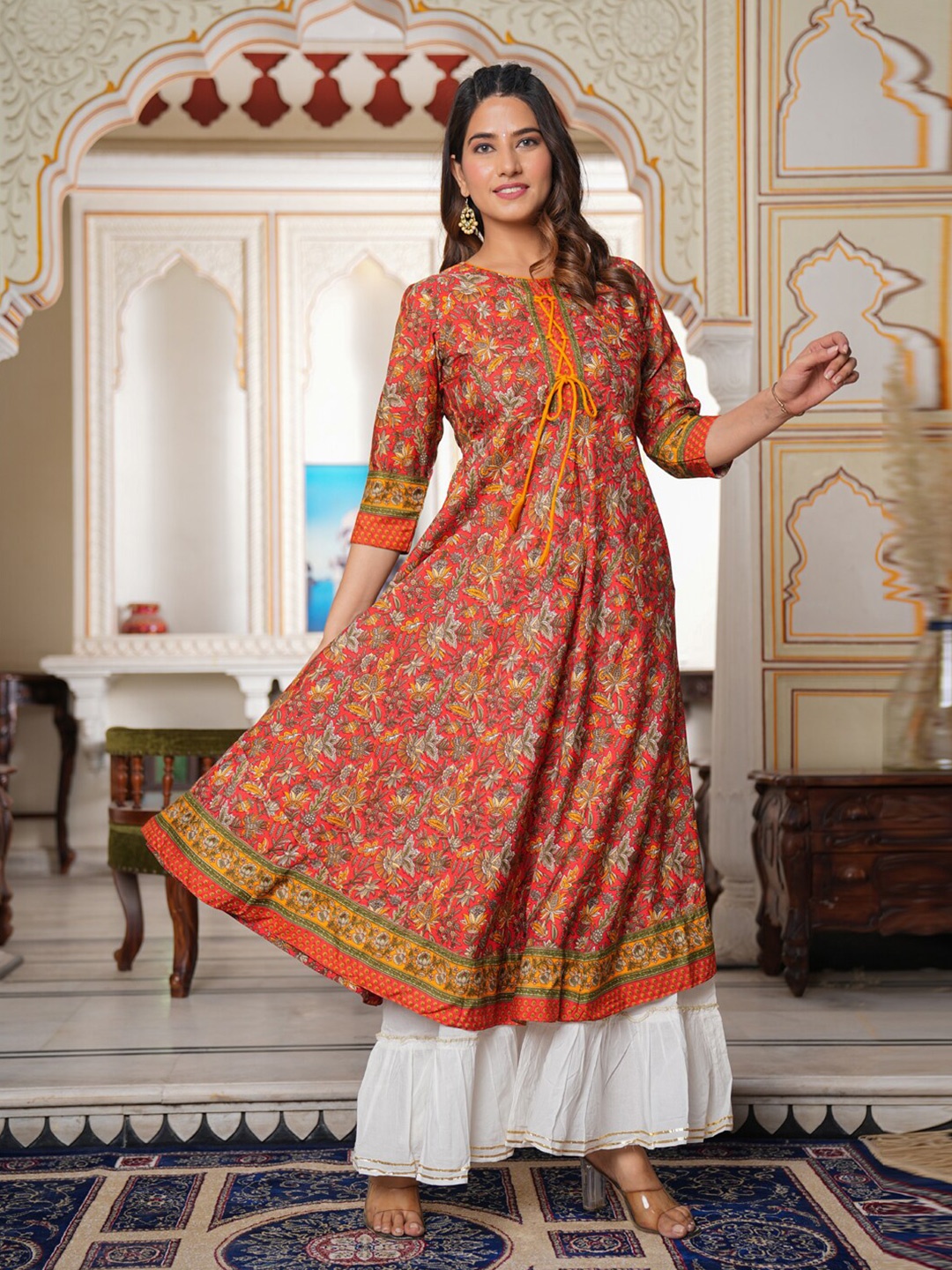 

YASH GALLERY Red Floral Printed Floral Anarkali Kurta