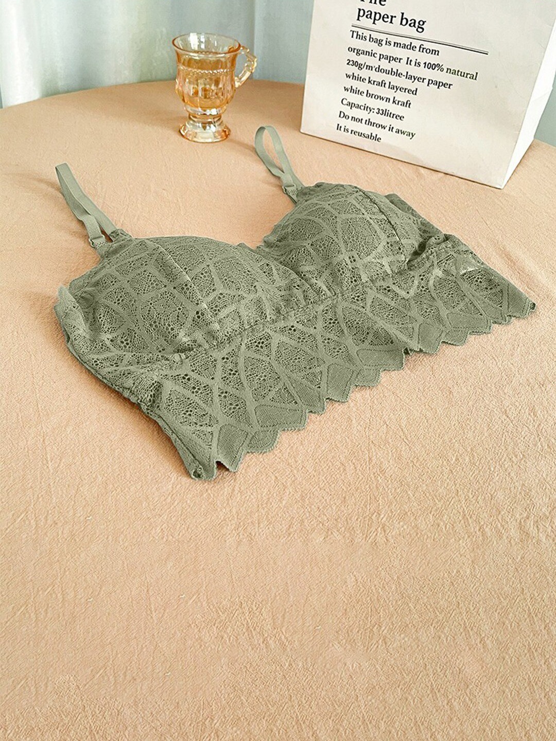 

Krelin Self Design Half Coverage Lightly Padded Bralette Bra With All Day Comfort, Olive