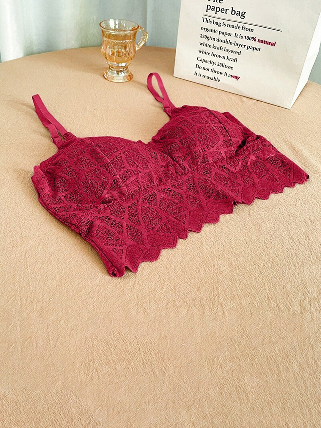 

Krelin Self Design Half Coverage Lightly Padded Bralette Bra With All Day Comfort, Red
