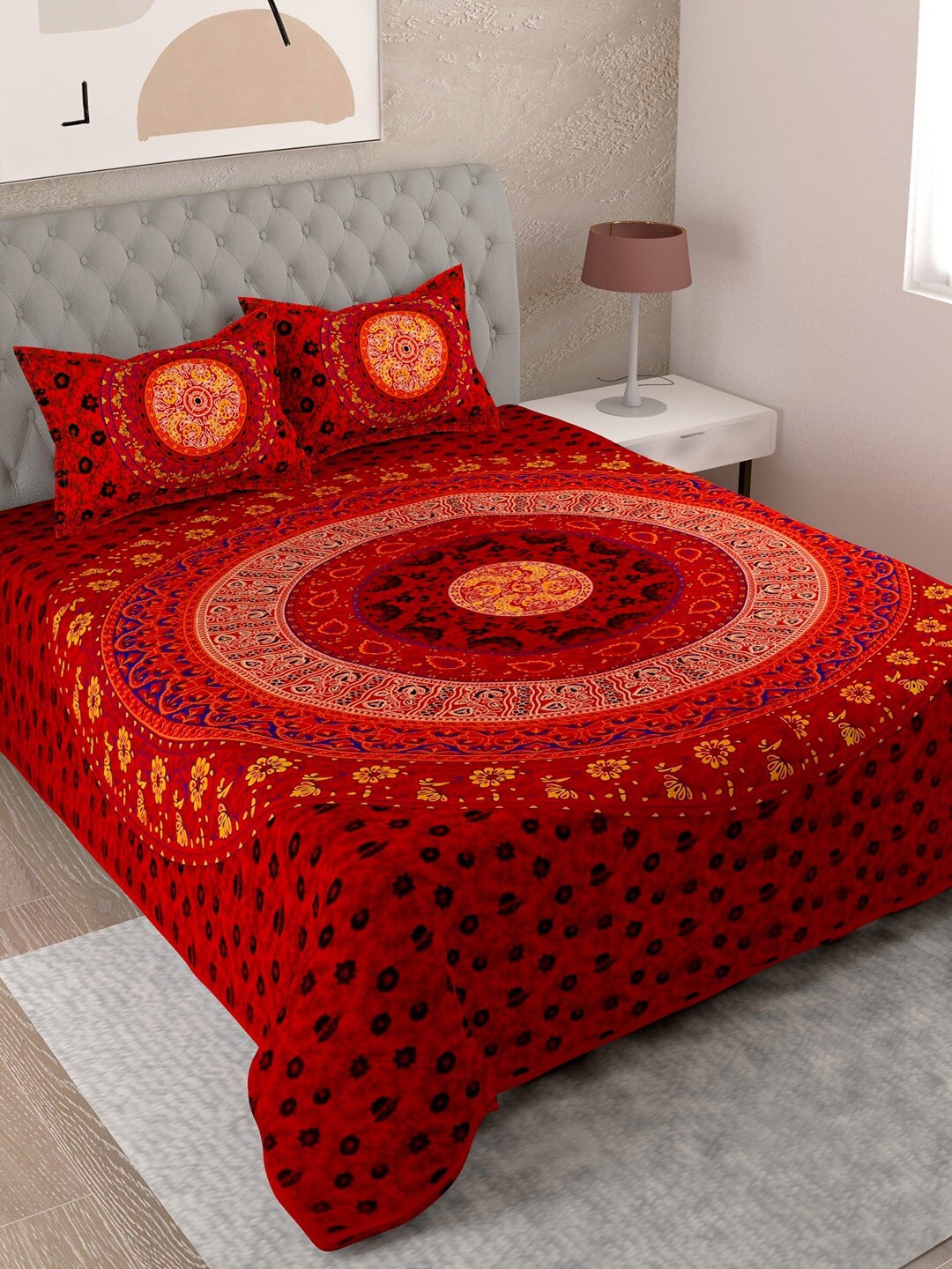 

UNIQCHOICE Red & Yellow Printed Cotton 144 TC King Bedsheet with 2 Pillow Covers