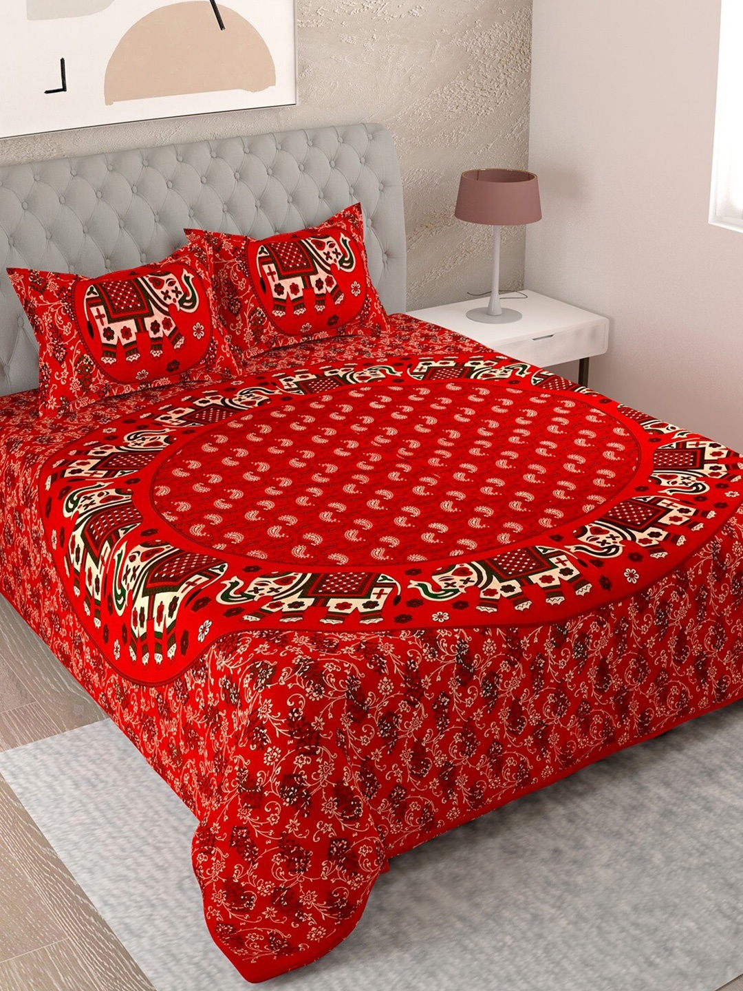 

UNIQCHOICE Red & White Ethnic Motifs Cotton 144 TC King Bedsheet with 2 Pillow Covers