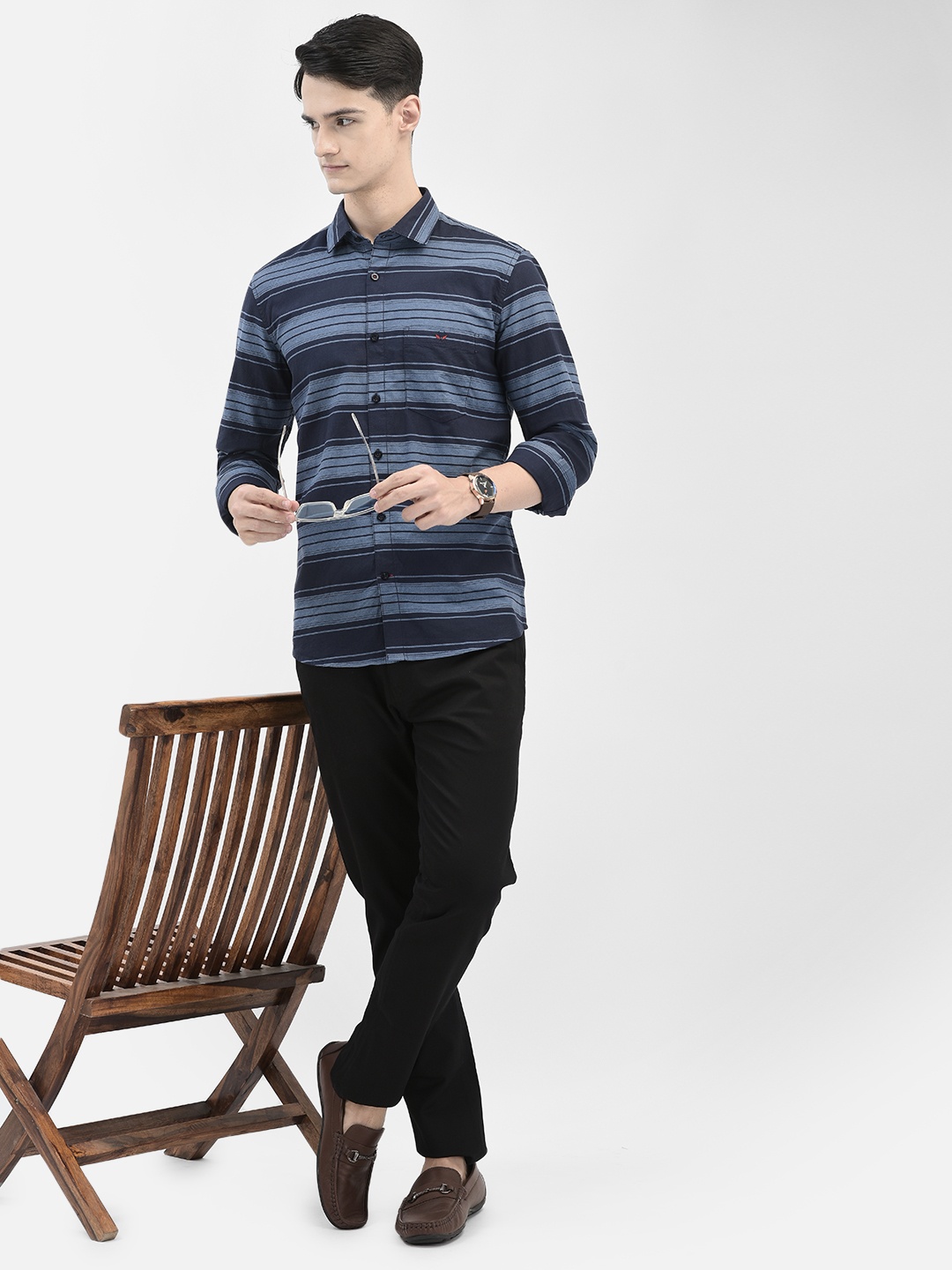 

Crimsoune Club Horizontal Stripes Striped Slim Fit Pure Cotton Casual Shirt, Blue