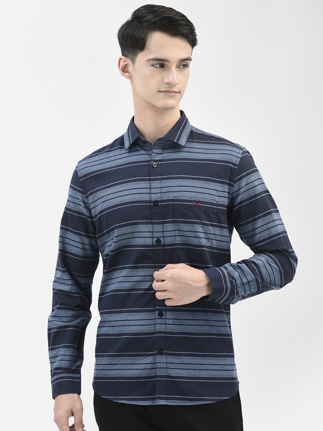 

Crimsoune Club Slim Fit Horizontal Striped Cotton Casual Shirt, Blue