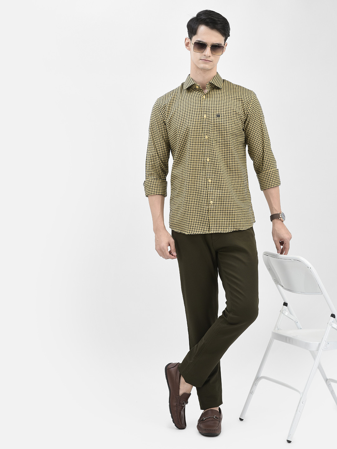 

Crimsoune Club Slim Fit Micro Checked Cotton Casual Shirt, Yellow