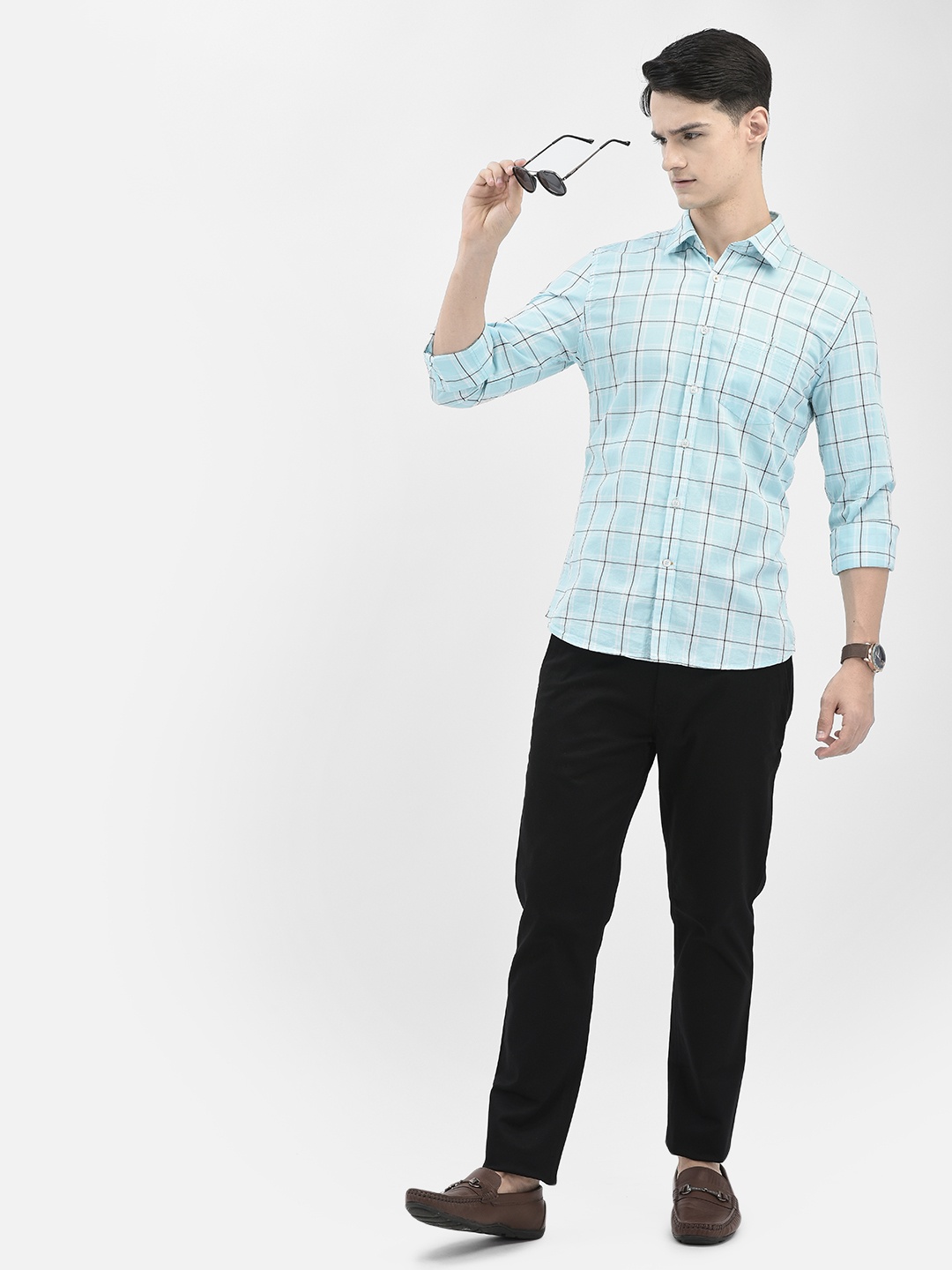 

Crimsoune Club Slim Fit Windowpane Checked Cotton Casual Shirt, Blue