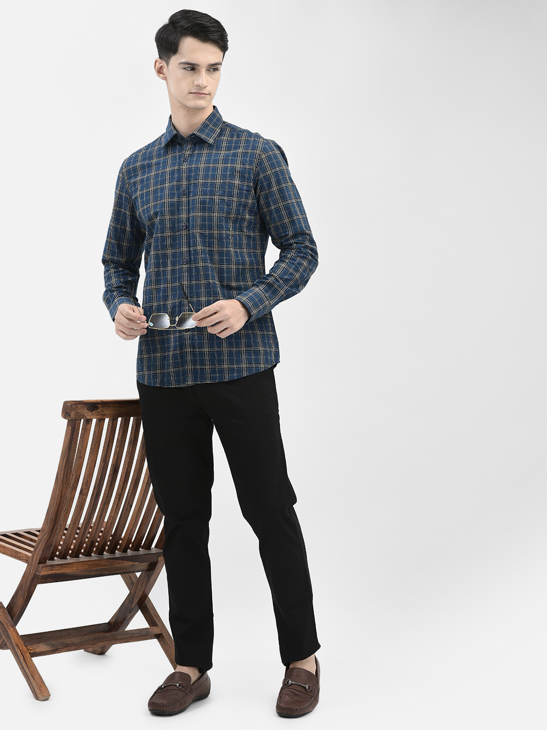 

Crimsoune Club Slim Fit Tartan Checks Checked Pure Cotton Casual Shirt, Blue