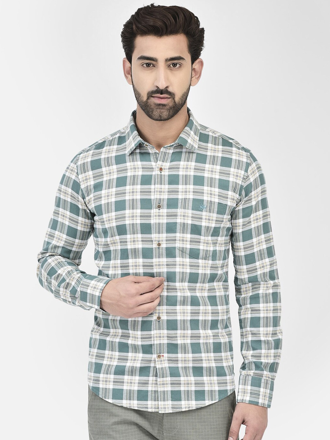 

Crimsoune Club Slim Fit Tartan Checks Checked Pure Cotton Casual Shirt, Green