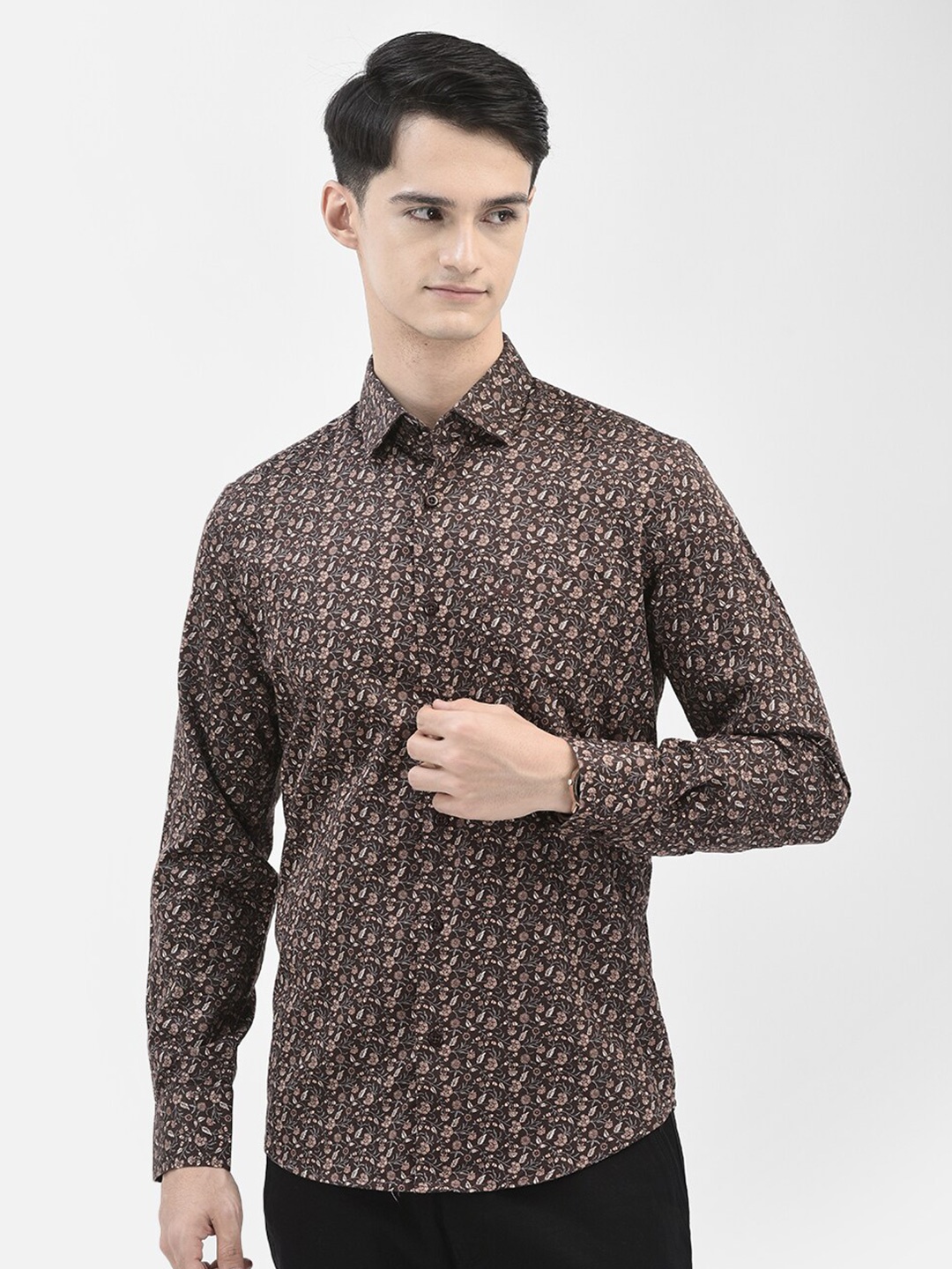 

Crimsoune Club Slim Fit Floral Printed Casual Shirt, Brown