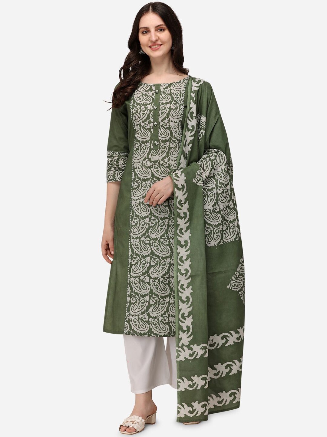 

Sitaram Designer Ethnic Motifs Printed Regular Pure Cotton Kurta With Trousers & Dupatta, Green
