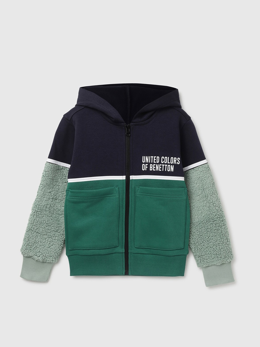 United Colors of Benetton Boys Colourblocked Front-Open Sweatshirt, Navy blue