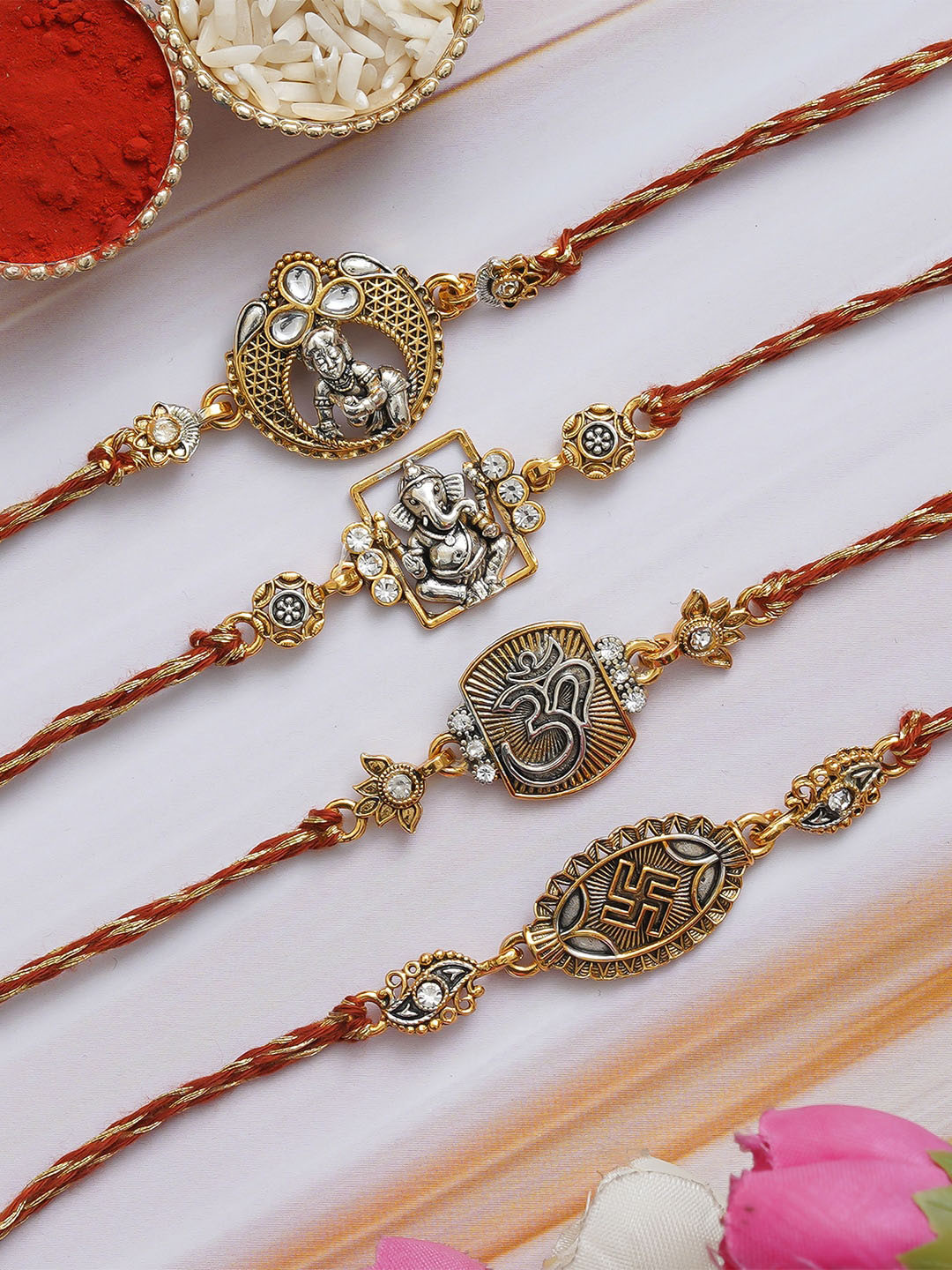 

eCraftIndia Unisex Set Of 4 Charm Rakhi With Roli & Chawal, Gold