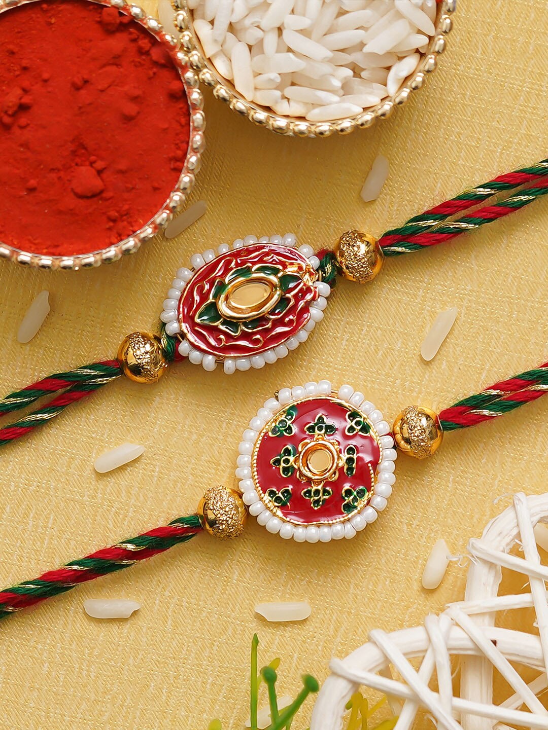 

eCraftIndia Unisex Set Of 2 Rakhi With Roli Chawal, Gold