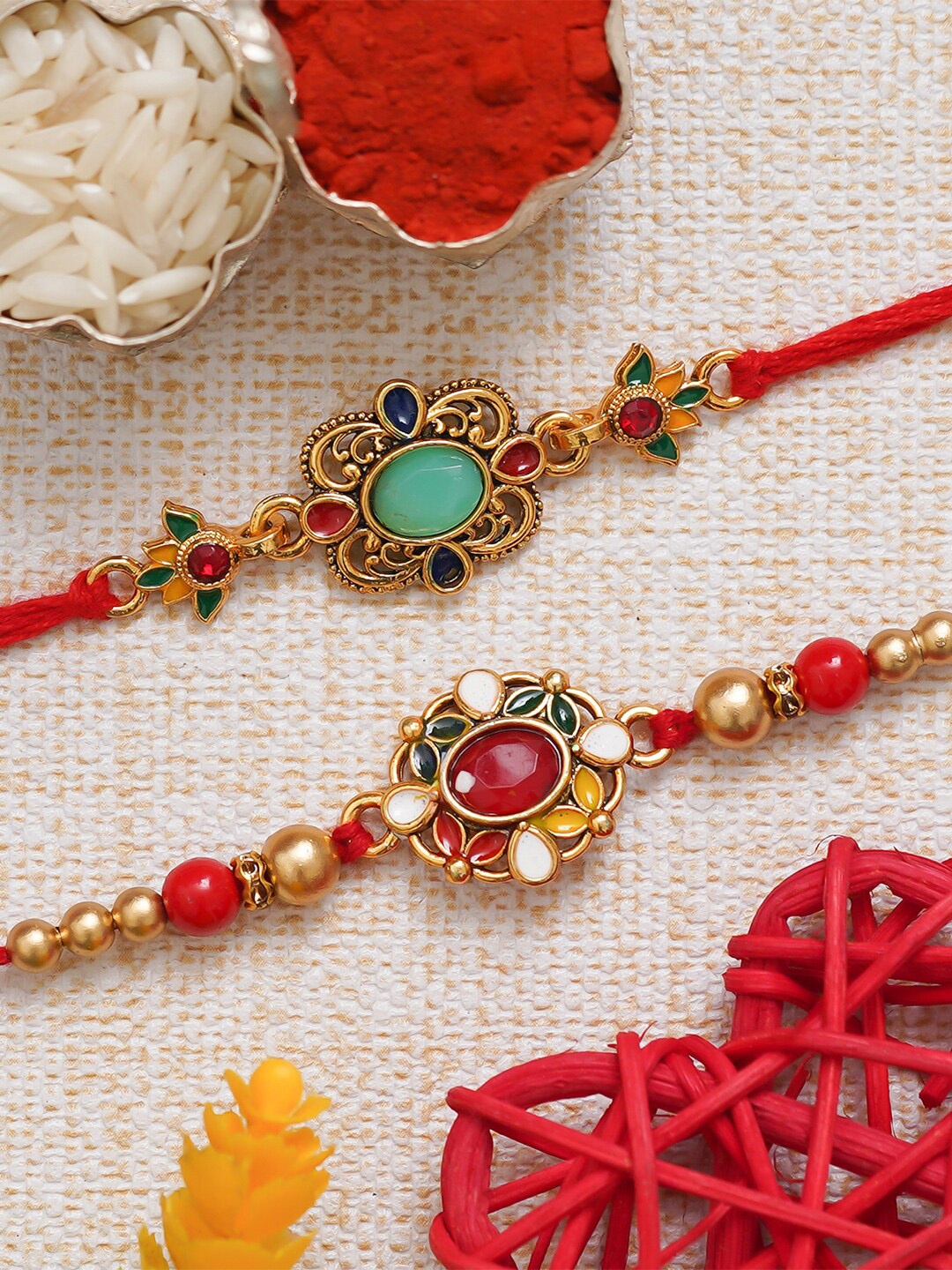 

eCraftIndia Unisex Set Of 2 Stone-Studded & Beaded Rakhi, Red