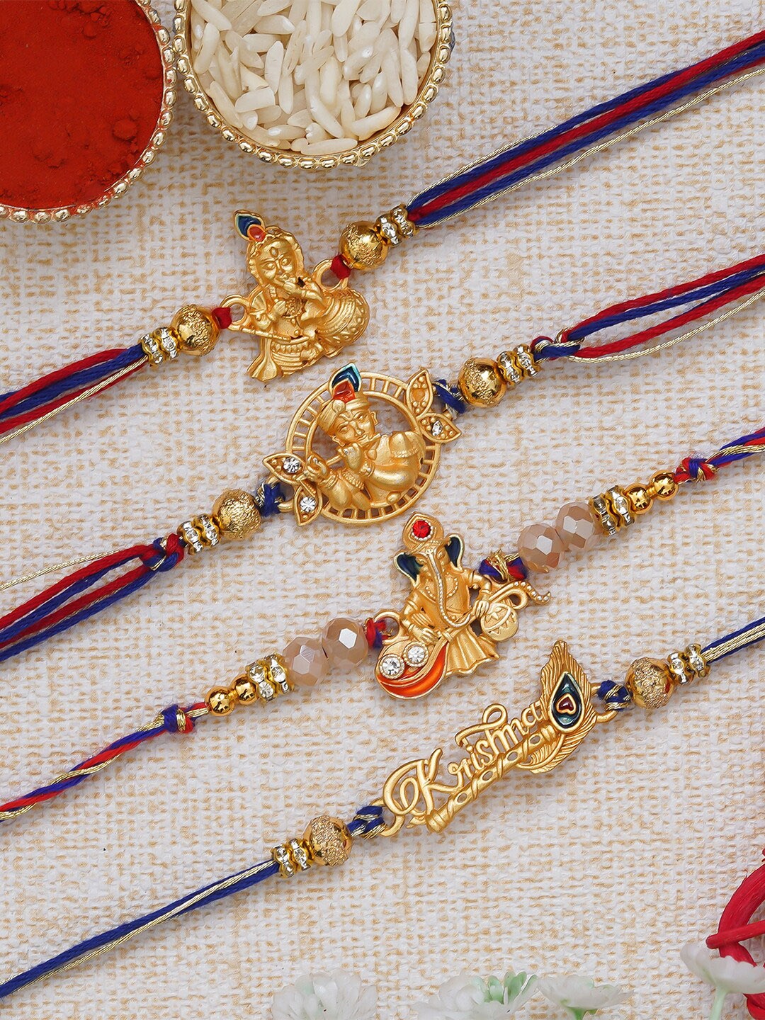 

eCraftIndia Unisex Set Of 4 Rakhi With Roli Chawal, Gold