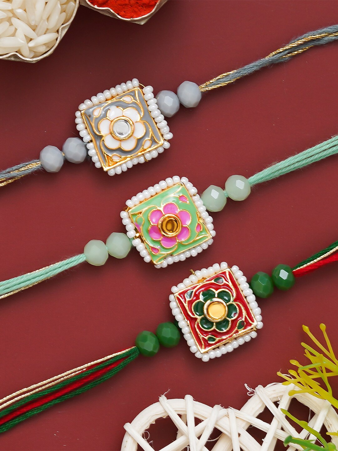 

eCraftIndia Unisex Set Of 3 Flower Charm Rakhis, Green
