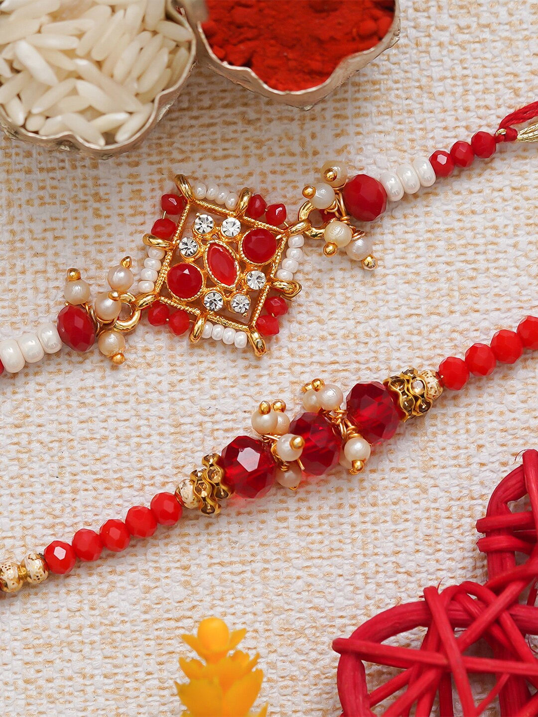 

eCraftIndia Unisex Set Of 2 Stone Studded & Beaded Rakhi With Roli & Chawal, Red