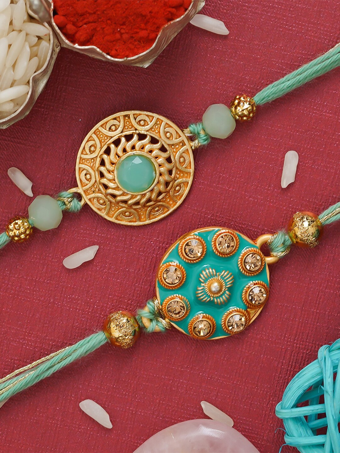 

eCraftIndia Unisex Set Of 2 Round-Charm & Beaded Rakhi, Green