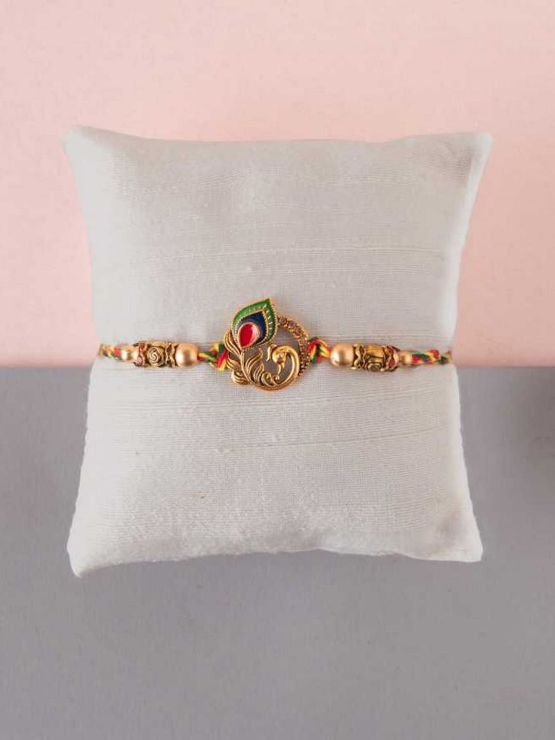 

eCraftIndia Unisex Beaded Peacock Feather Rakhi with Roli & Rice, Gold