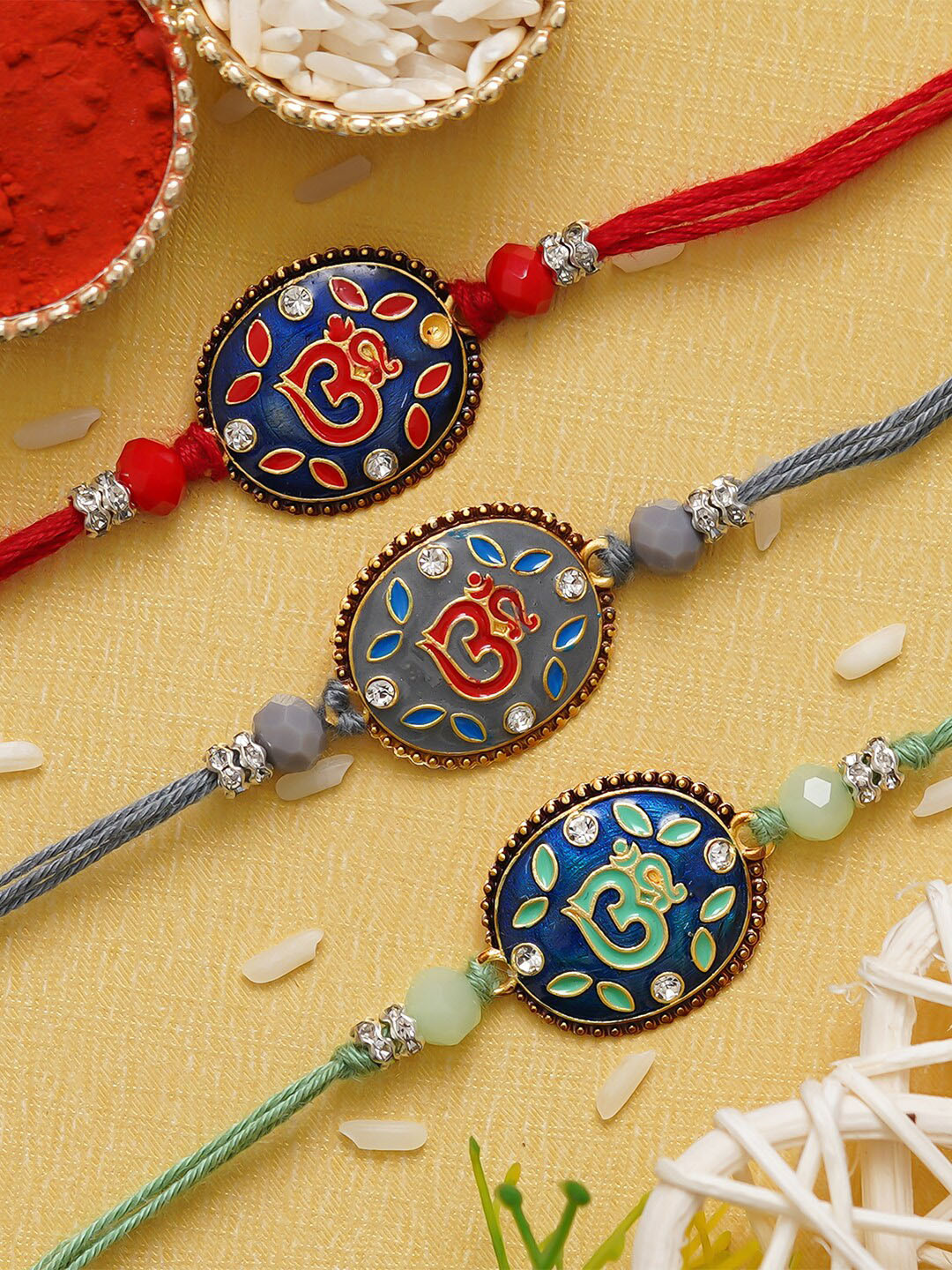 

eCraftIndia Unisex Set Of 3 Om Charm Rakhi, Green