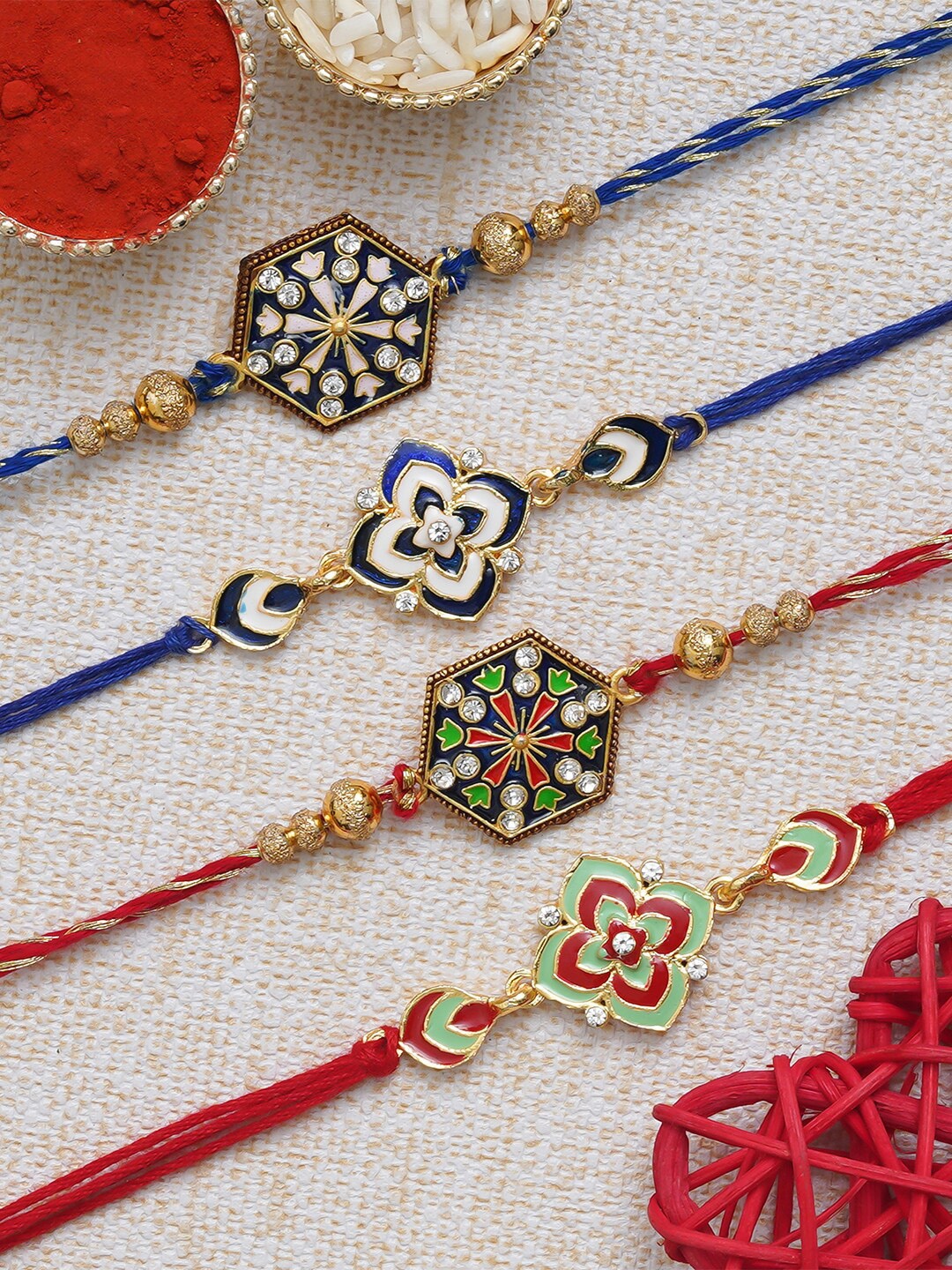 

eCraftIndia Unisex Set Of 4 Pearl Beaded Rakhi, Blue