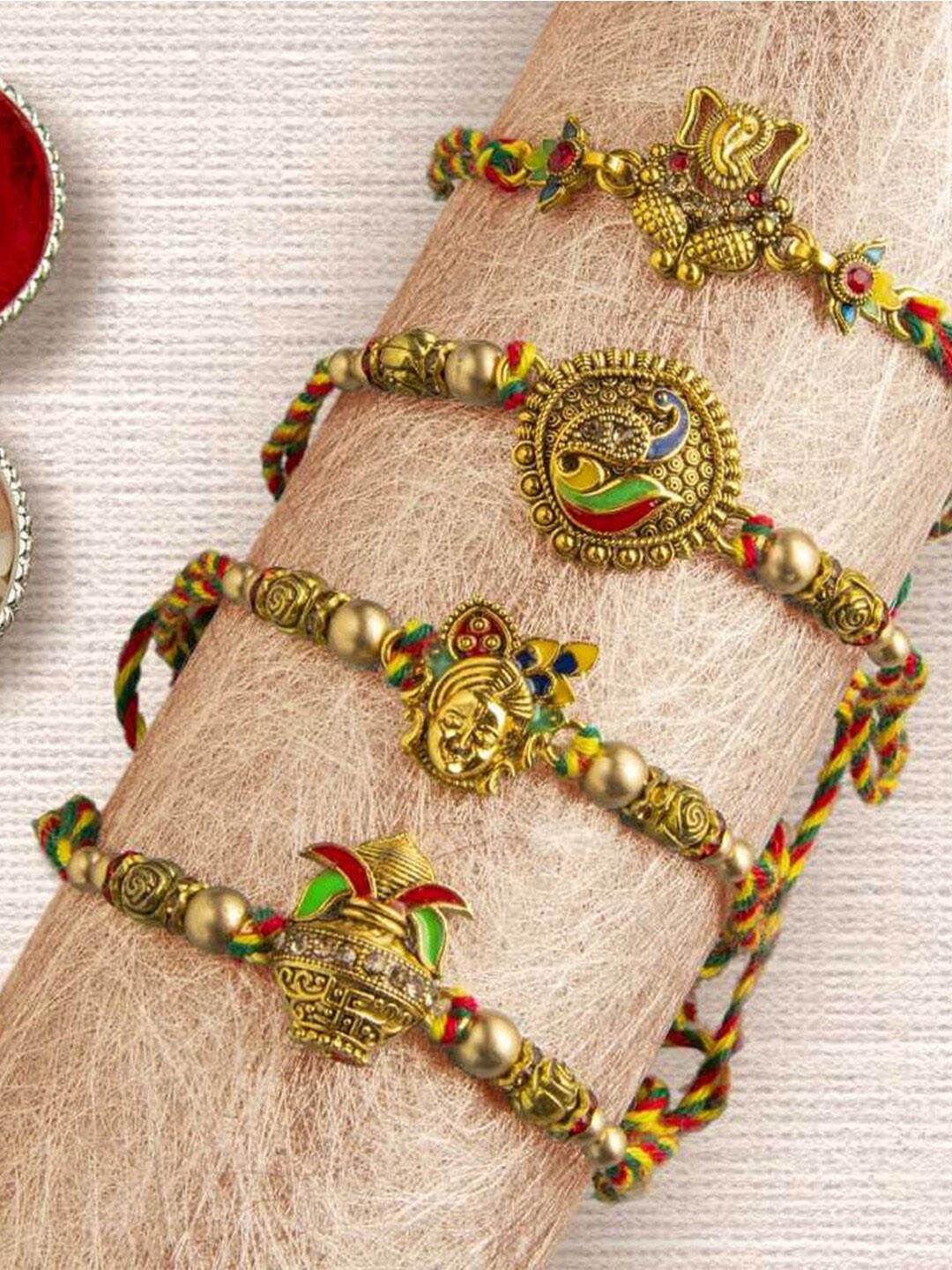 

eCraftIndia Unisex Set Of 4 Charm & Beaded Rakhi, Red