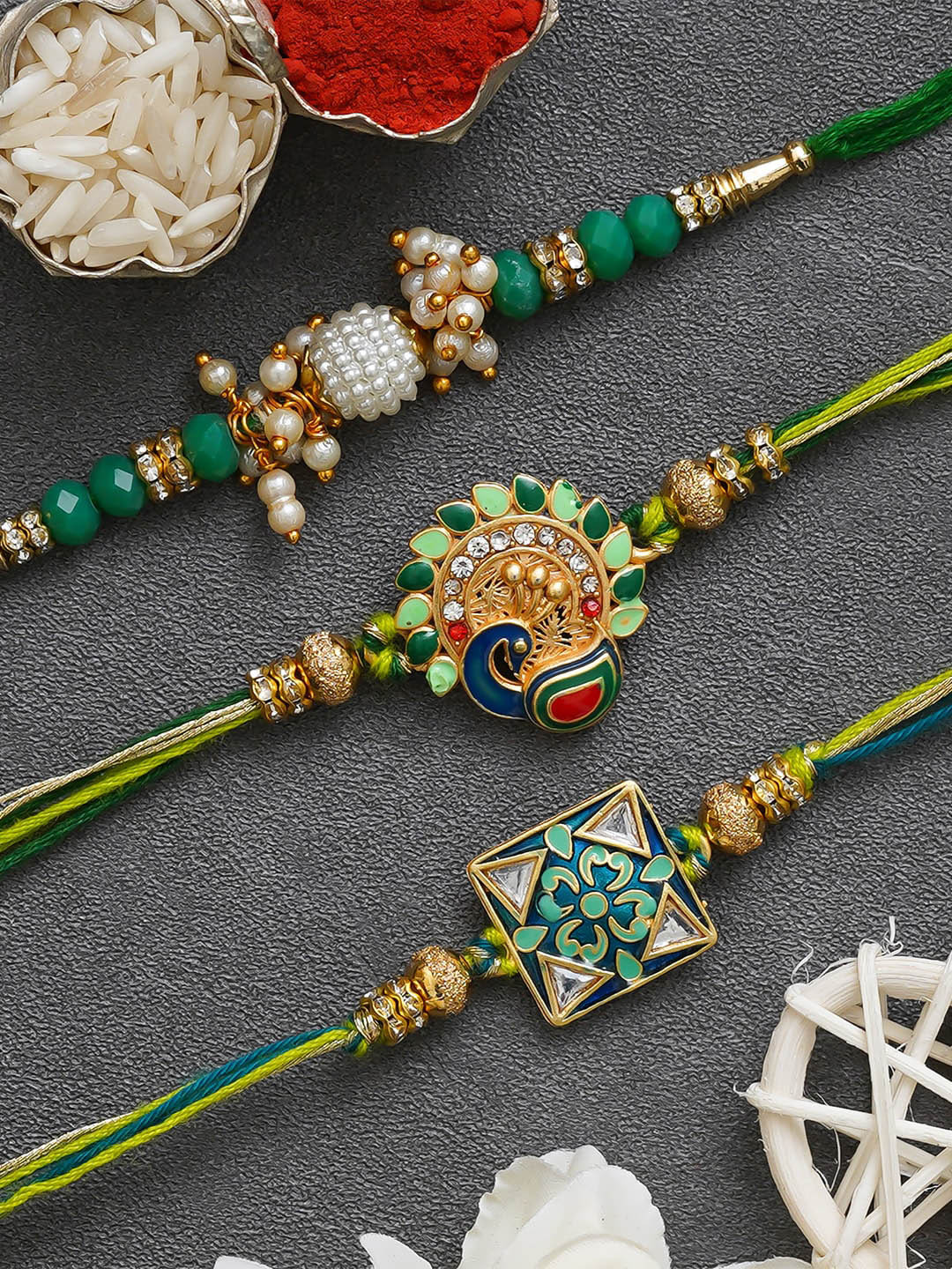 

eCraftIndia Unisex Set Of 3 Rakhi With Roli Chawal, Gold