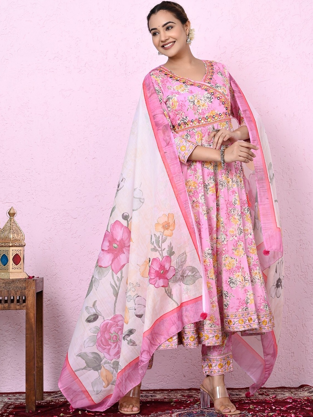 

Sangria Pink Floral Printed Mirror Work Cotton High Slit Kurta With Trousers & Dupatta