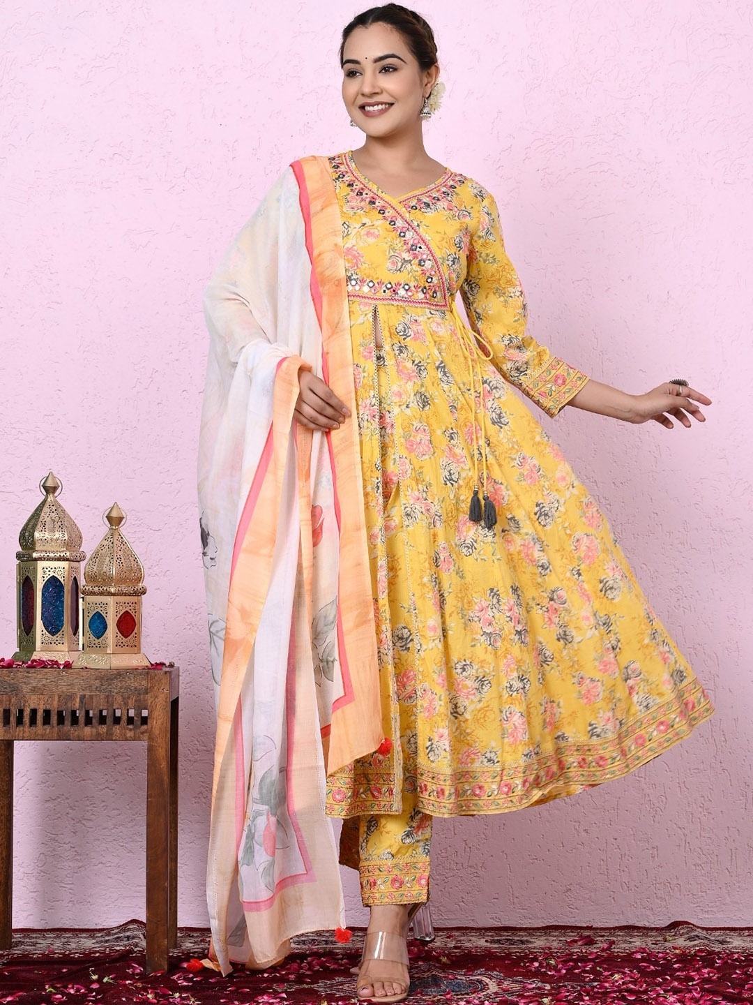 

Sangria Floral Printed & Embroidered Pure Cotton A-Line Kurta With Trouser & Dupatta Set, Yellow