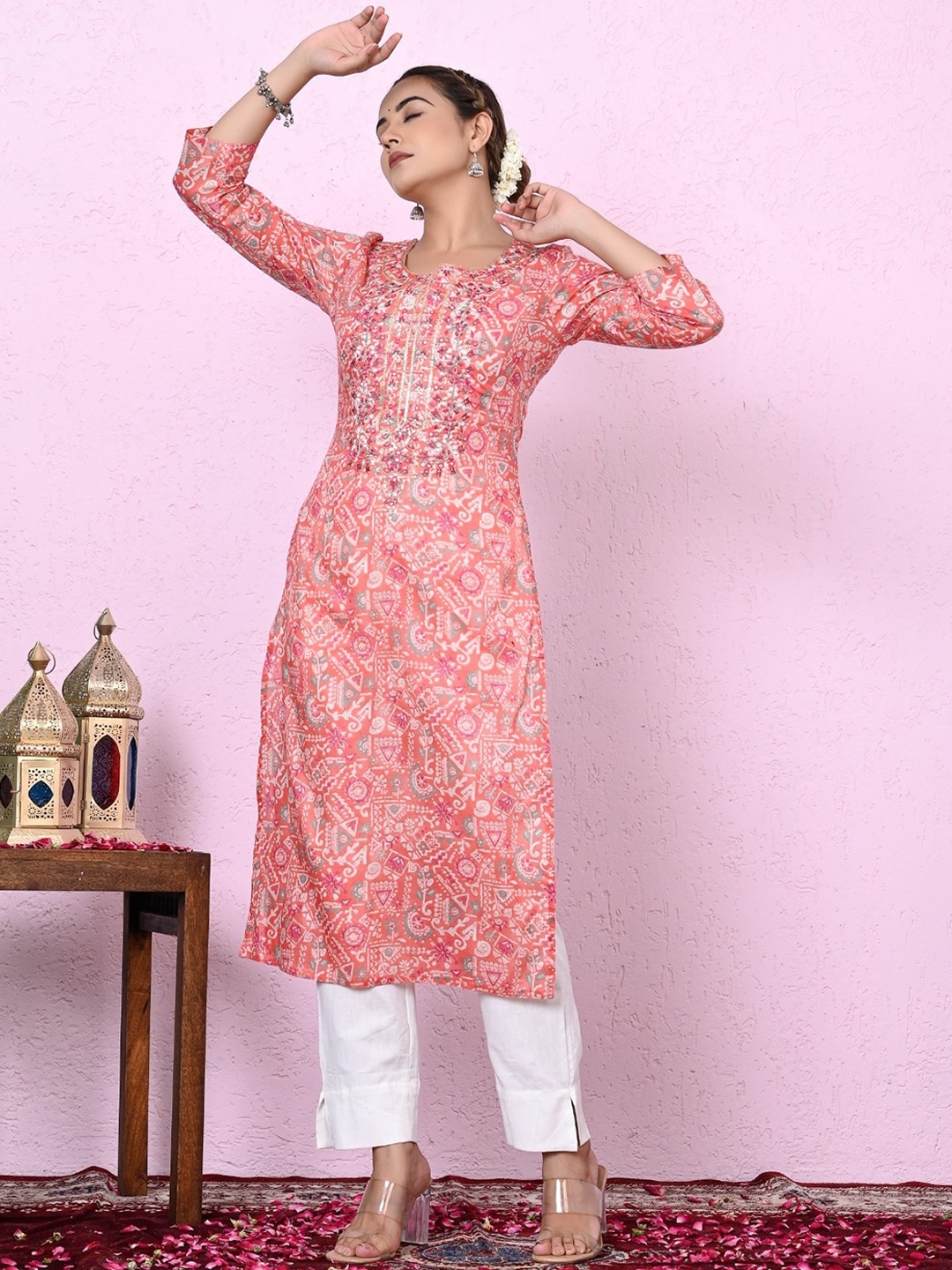 

all about you Ethnic Motifs Printed Mirror Work Cotton Straight Kurta, Peach