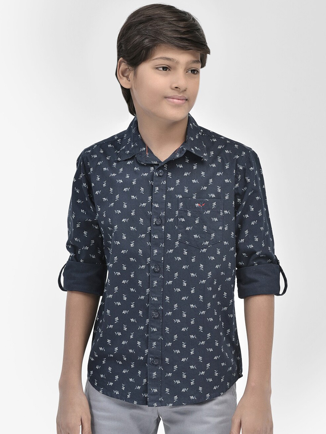 

Crimsoune Club Boys Geometric Printed Slim Fit Pure Cotton Casual Shirt, Navy blue