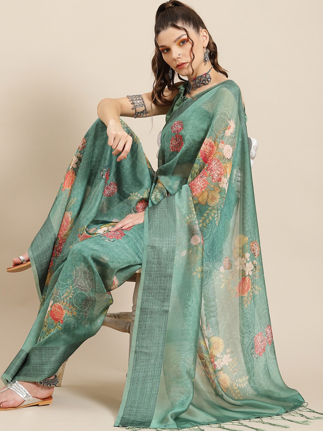 

AKS Floral Printed Organza Saree, Green