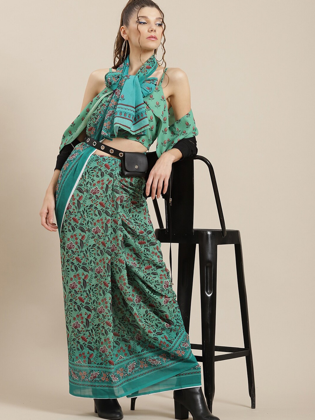 

AKS Floral Printed Saree, Green