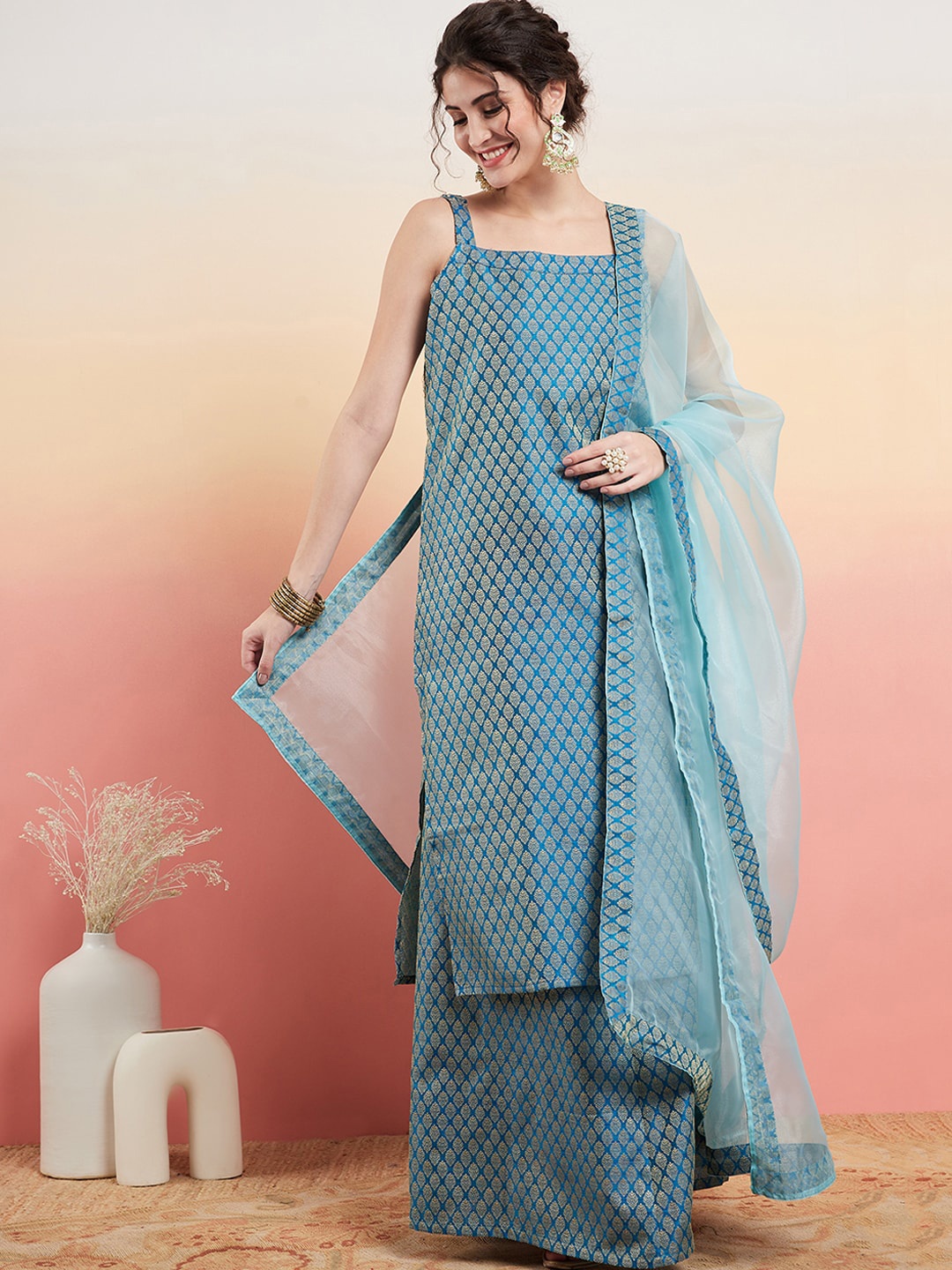 

Sangria Ethnic Motifs Woven Design Sleeveless Straight Kurta With Skirt & Dupatta Set, Blue