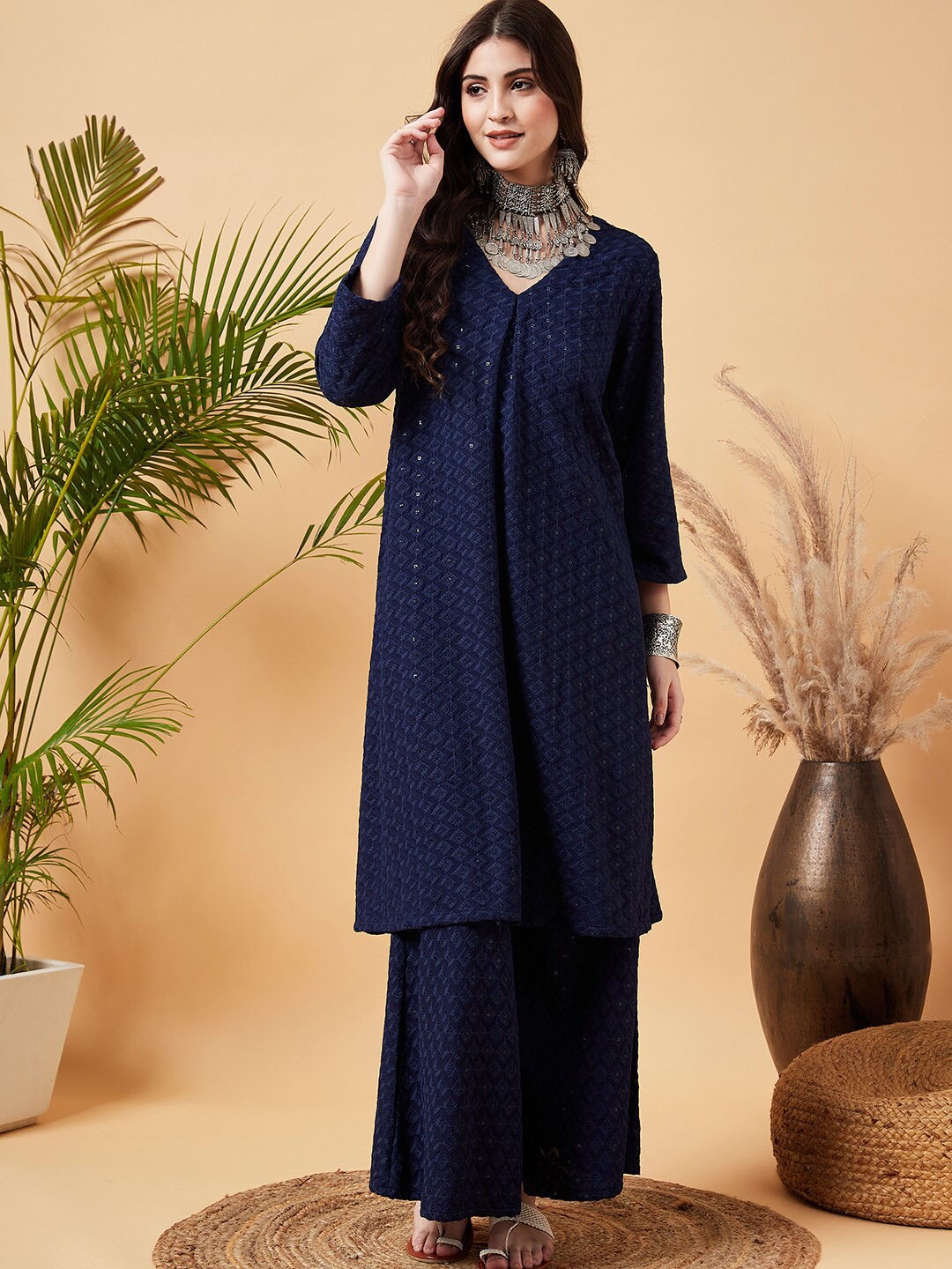 

Sangria Geometric Embroidered Chikankari Sequinned A-Line Kurta With Palazzo Set, Blue