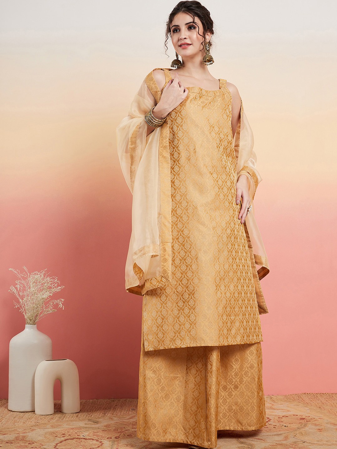 

Sangria Woven Design Straight Kurta With Palazzos & Dupatta, Gold