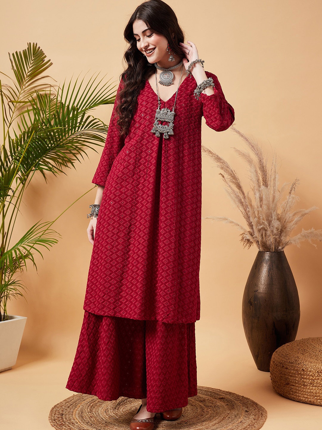 

Sangria Ethnic Motifs Embroidered A-Line Kurta With Palazzo, Maroon