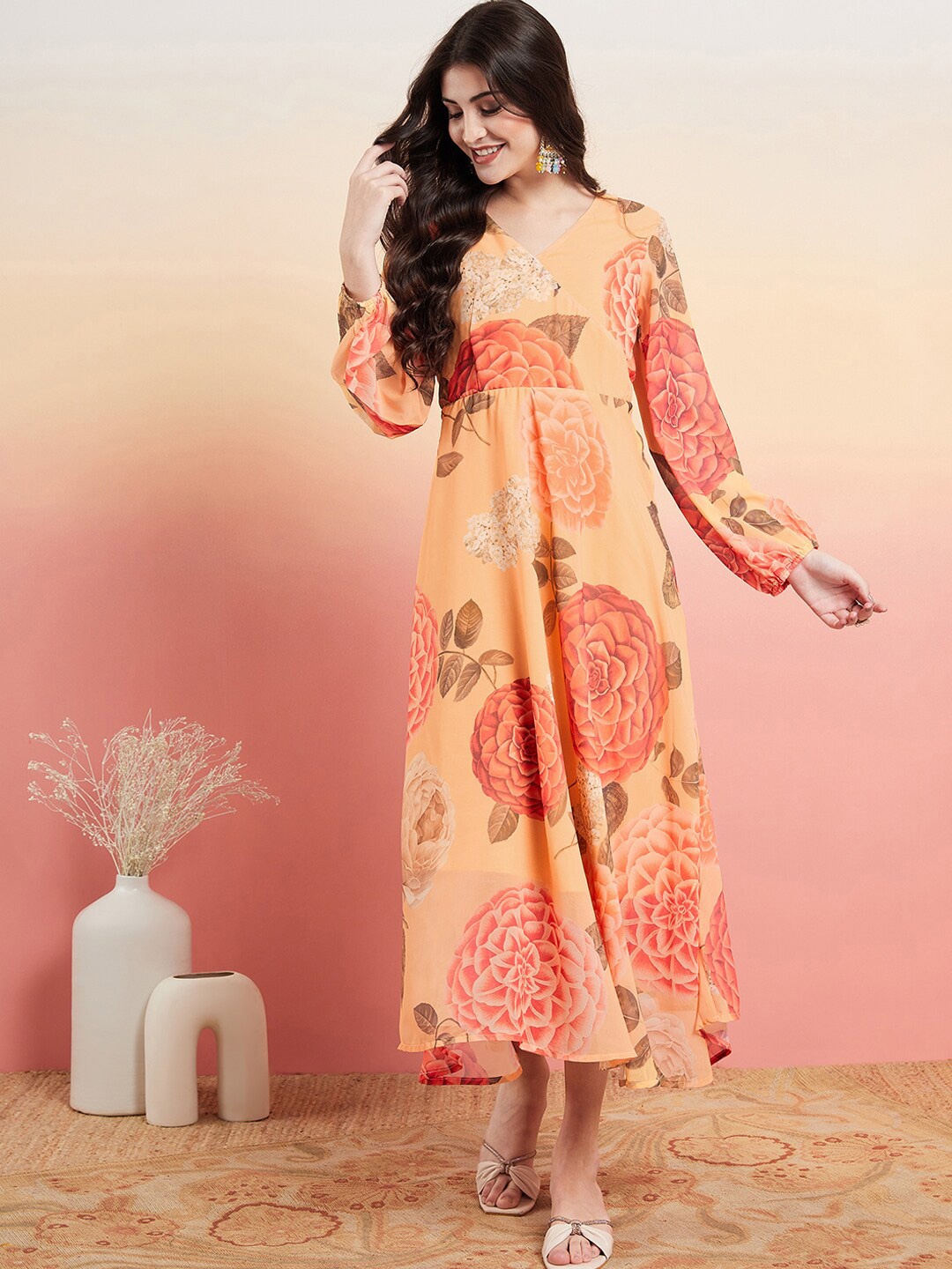 

Sangria Floral Printed V-Neck Puff Sleeves Fit & Flared Ethnic Dresses, Orange