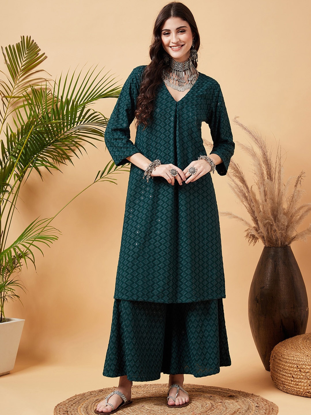 

Sangria Sequinned Embroidered A-Line Kurta With Palazzo, Green