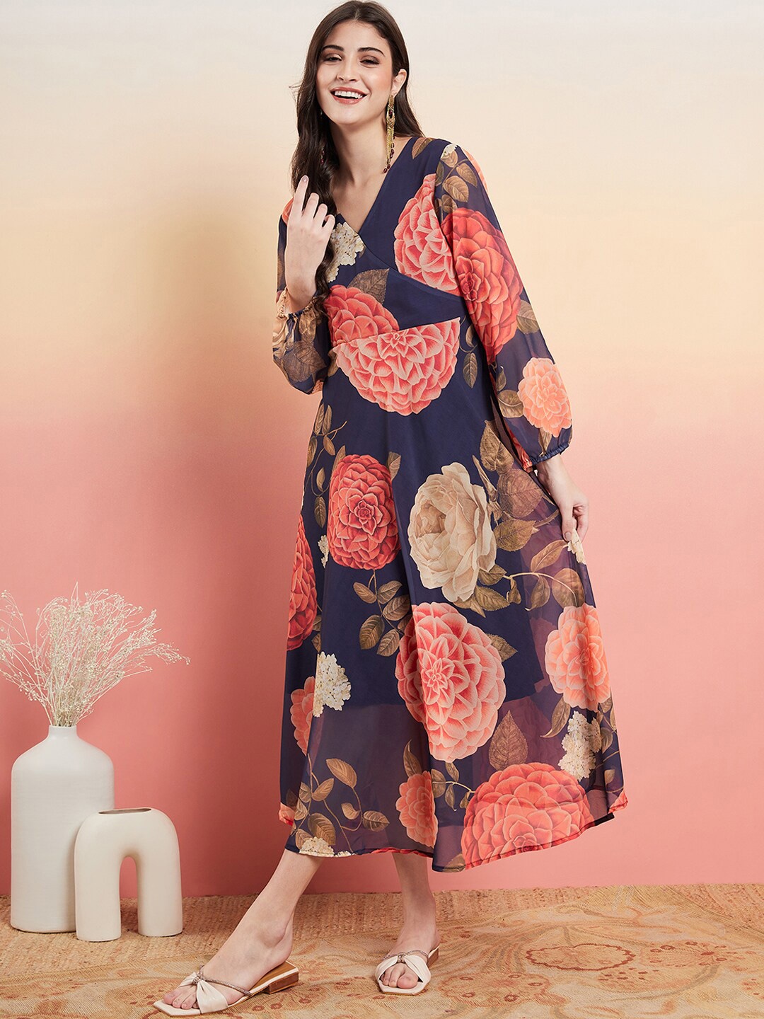 

Sangria Floral Printed V-Neck Puff Sleeves Fit & Flare Ethnic Dresses, Navy blue