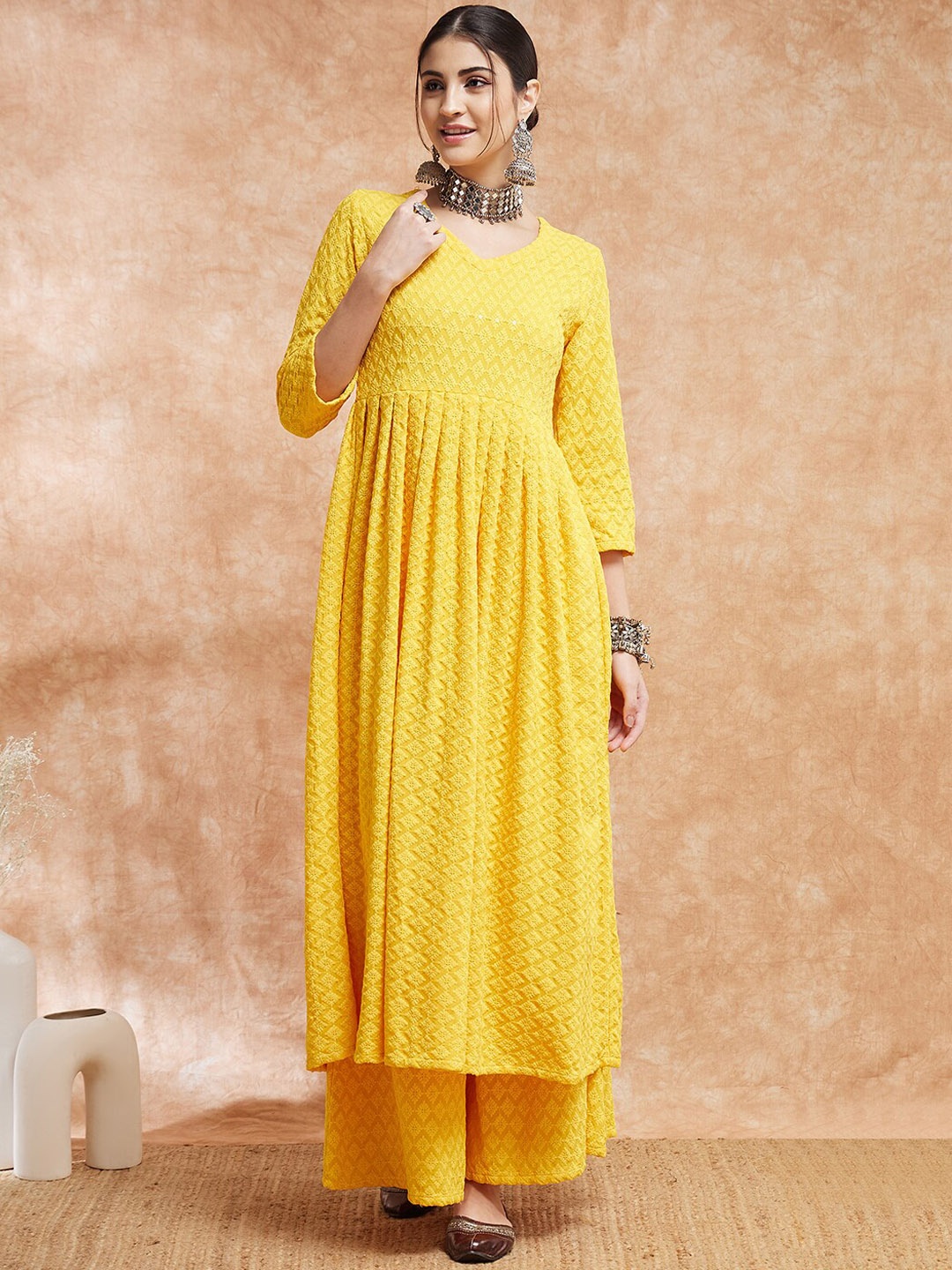 

InWeave Floral Embroidered Chikankari Anarkali Kurta With Palazzos, Yellow