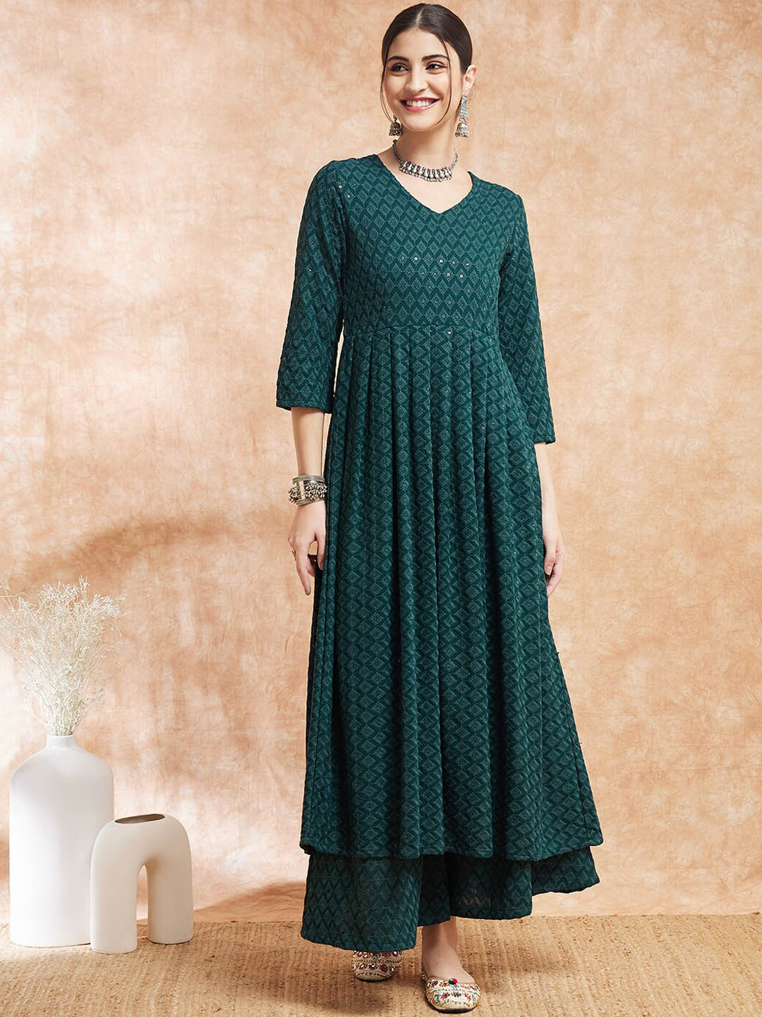 

InWeave Floral Embroidered Chikankari Anarkali Kurta With Palazzos, Green