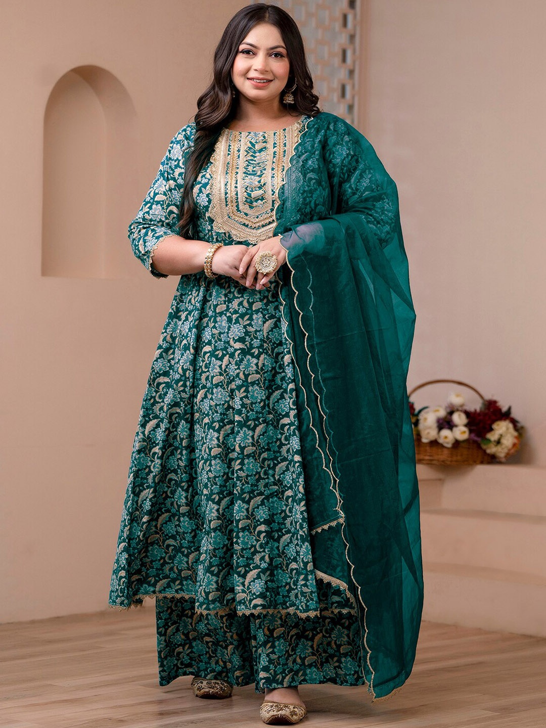 

Janasya Plus Size Floral Printed Gotta Patti Pure Cotton Kurta With Palazzos & Dupatta, Teal