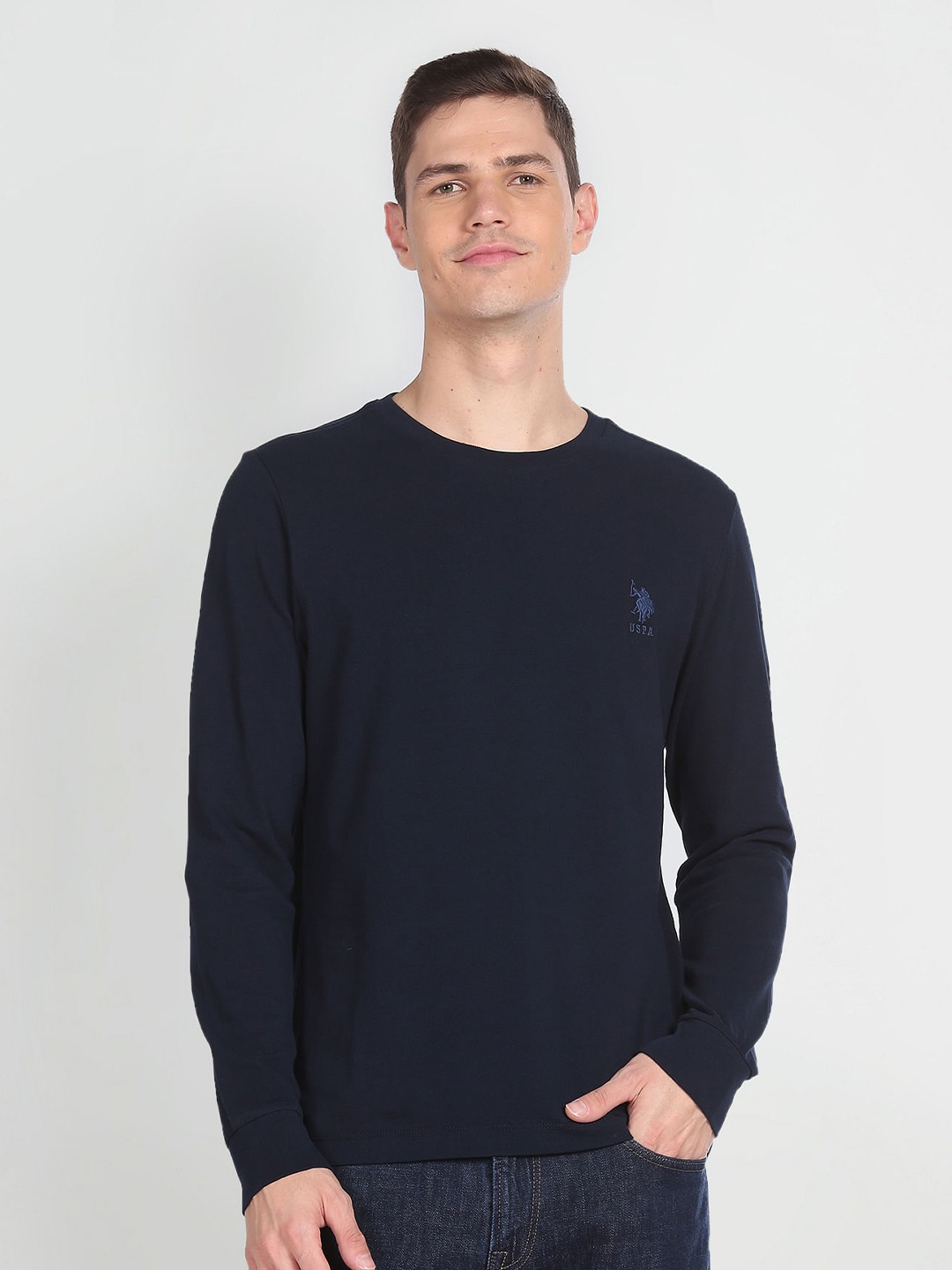 

U.S. Polo Assn. Denim Co. Round Neck Long Sleeves Pure Cotton T-shirt, Navy blue