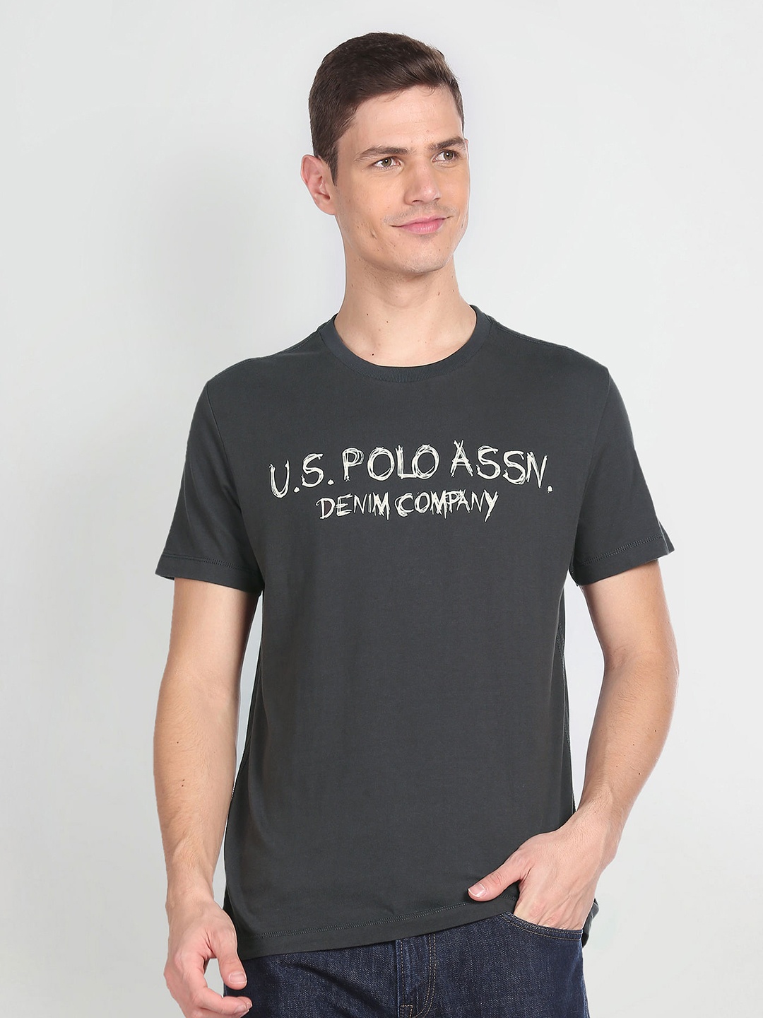 

U.S. Polo Assn. Denim Co. Brand Logo Printed Slim Fit Pure Cotton Casual T-shirt, Grey