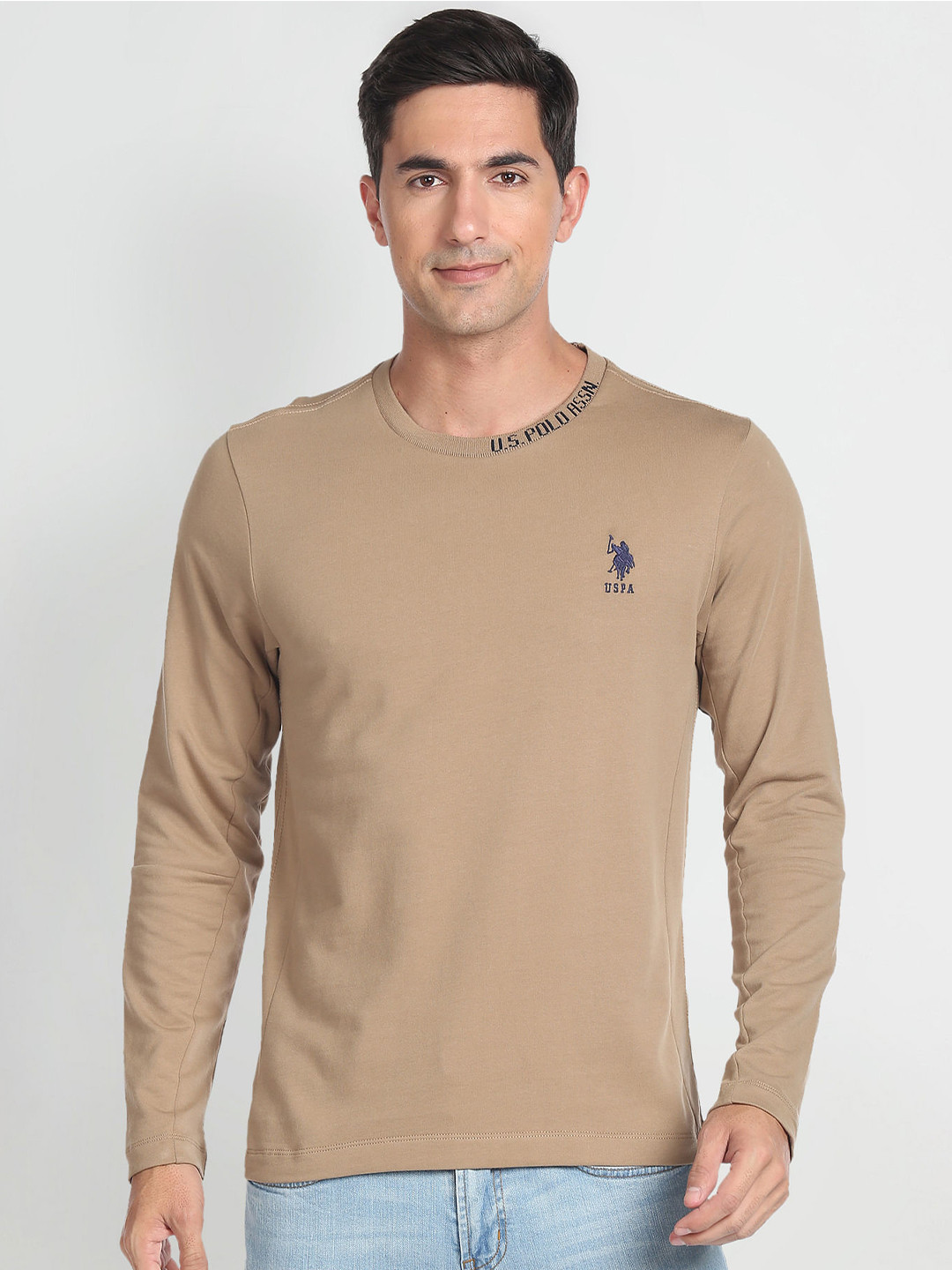 

U.S. Polo Assn. Denim Co. Regular Sleeves Slim Fit Pure Cotton Casual T-shirt, Brown
