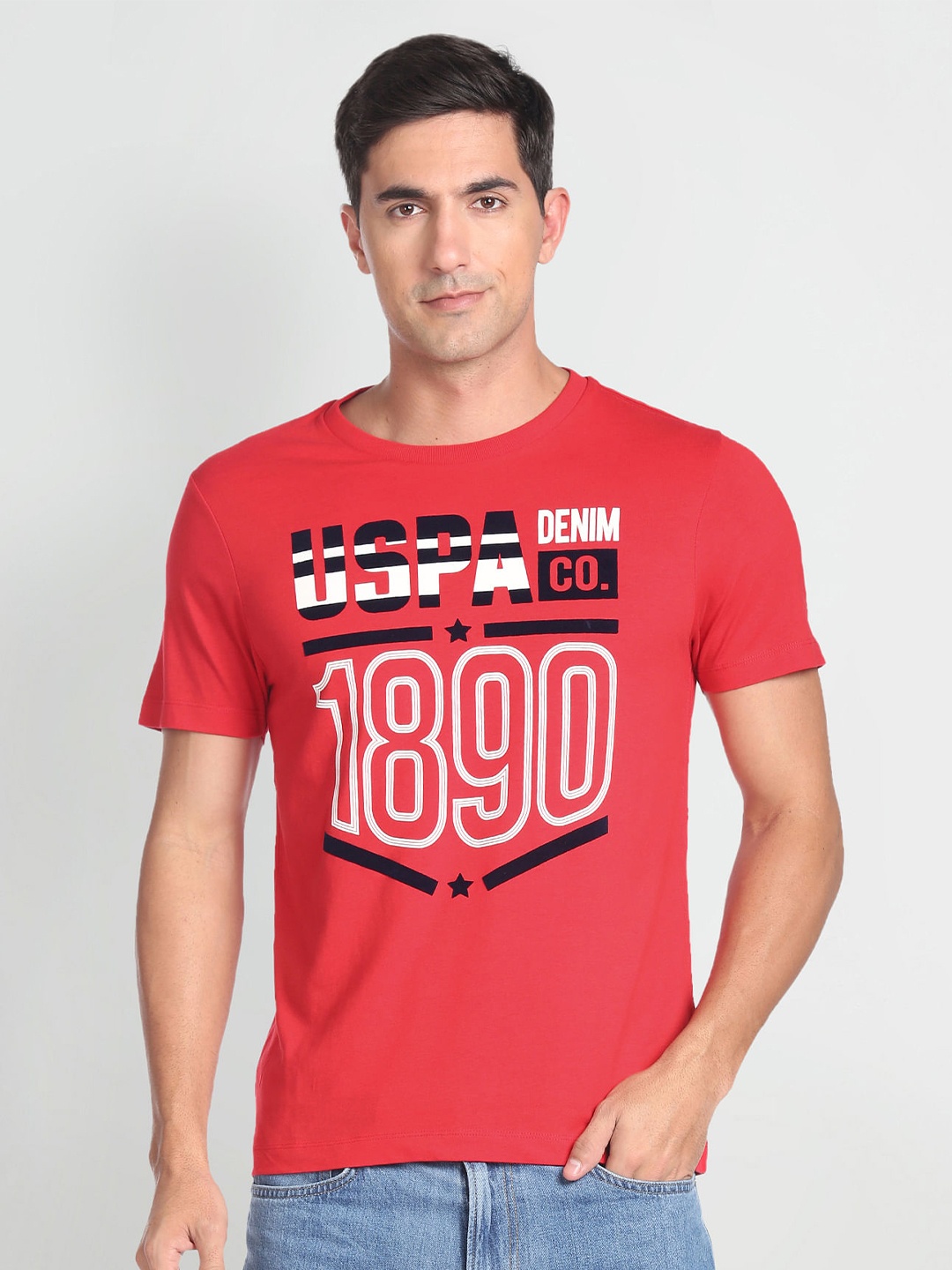 

U.S. Polo Assn. Denim Co. Regular Sleeves Slim Fit Pure Cotton Casual T-shirt, Red